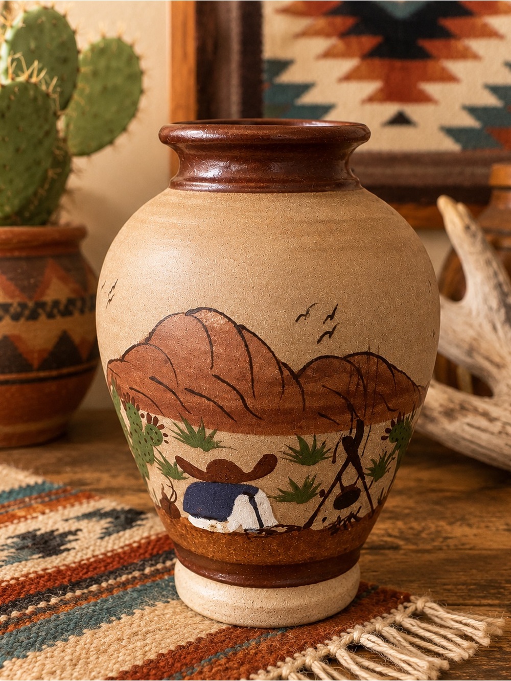 Tonala Southwest Stoneware Vase Desert Landscape Hand Painted Pottery Boho Decor